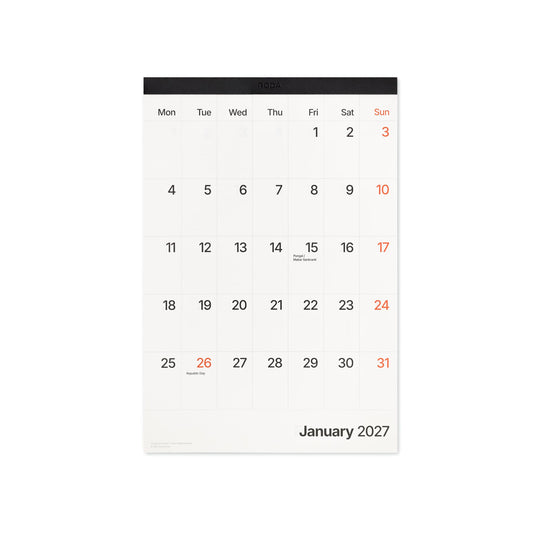 Main image: Roda 2027 wall calendar showing January with a minimalist monthly layout and orange Sundays.